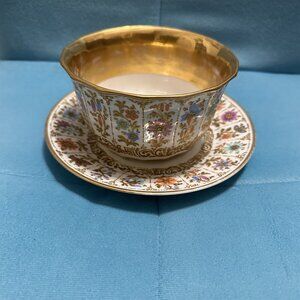 Vintage Bowl with Underplate Floral Gold Painted Overlay